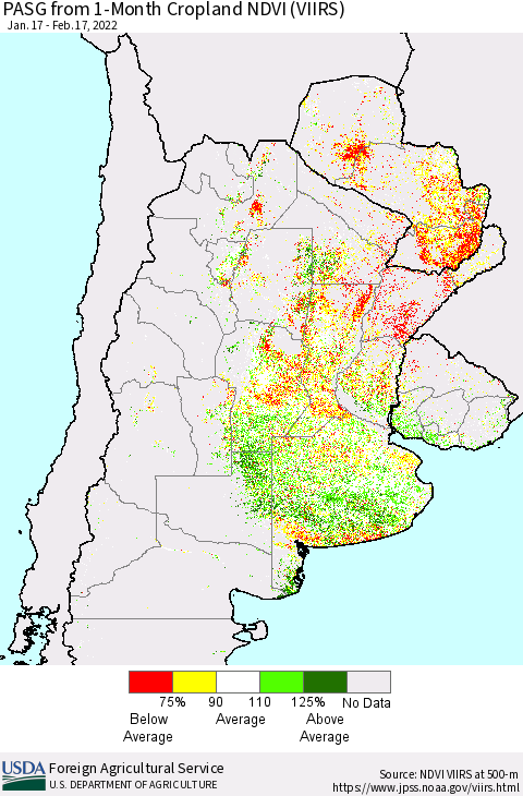 Southern South America PASG from 1-Month Cropland NDVI (VIIRS) Thematic Map For 2/11/2022 - 2/20/2022