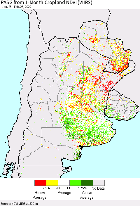 Southern South America PASG from 1-Month Cropland NDVI (VIIRS) Thematic Map For 2/18/2022 - 2/25/2022