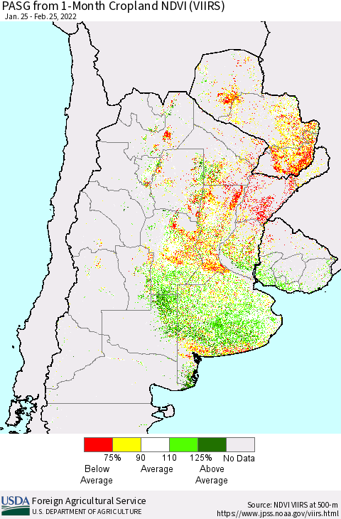 Southern South America PASG from 1-Month Cropland NDVI (VIIRS) Thematic Map For 2/21/2022 - 2/28/2022