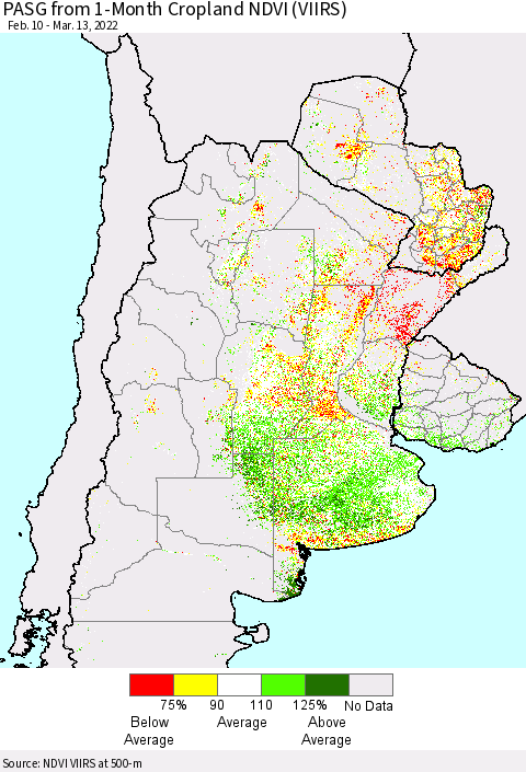 Southern South America PASG from 1-Month Cropland NDVI (VIIRS) Thematic Map For 3/6/2022 - 3/13/2022
