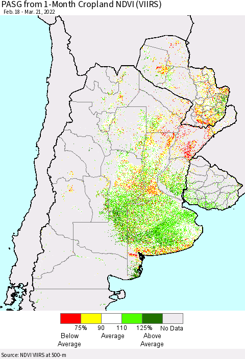 Southern South America PASG from 1-Month Cropland NDVI (VIIRS) Thematic Map For 3/14/2022 - 3/21/2022