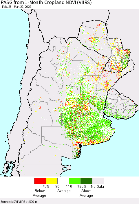 Southern South America PASG from 1-Month Cropland NDVI (VIIRS) Thematic Map For 3/22/2022 - 3/29/2022