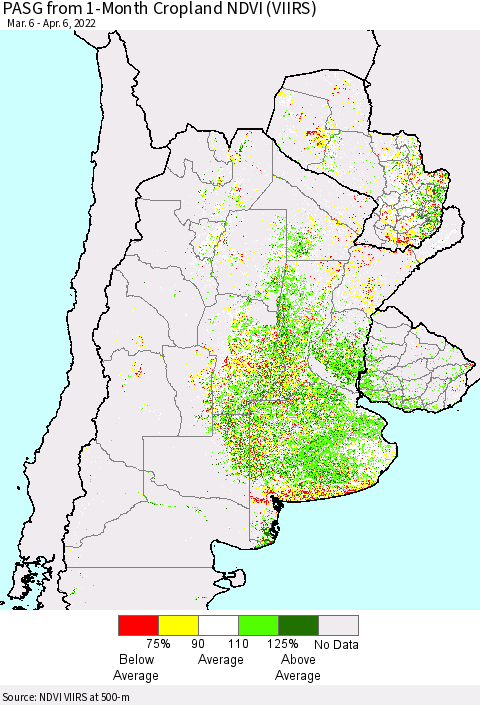 Southern South America PASG from 1-Month Cropland NDVI (VIIRS) Thematic Map For 3/30/2022 - 4/6/2022
