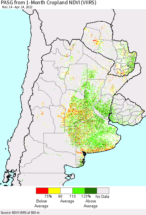 Southern South America PASG from 1-Month Cropland NDVI (VIIRS) Thematic Map For 4/7/2022 - 4/14/2022