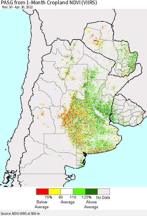 Southern South America PASG from 1-Month Cropland NDVI (VIIRS) Thematic Map For 4/21/2022 - 4/30/2022