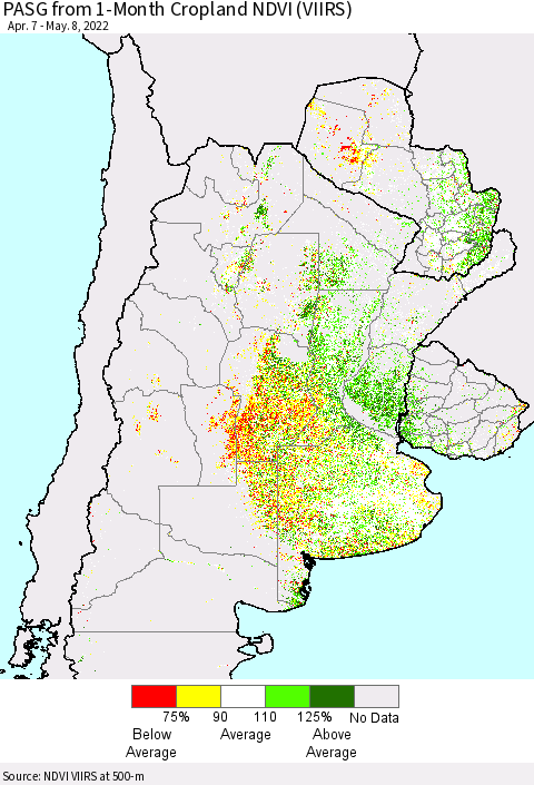 Southern South America PASG from 1-Month Cropland NDVI (VIIRS) Thematic Map For 5/1/2022 - 5/8/2022