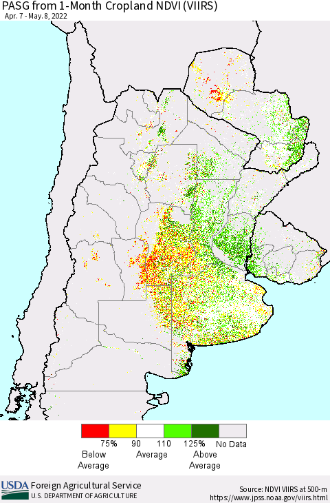 Southern South America PASG from 1-Month Cropland NDVI (VIIRS) Thematic Map For 5/1/2022 - 5/10/2022