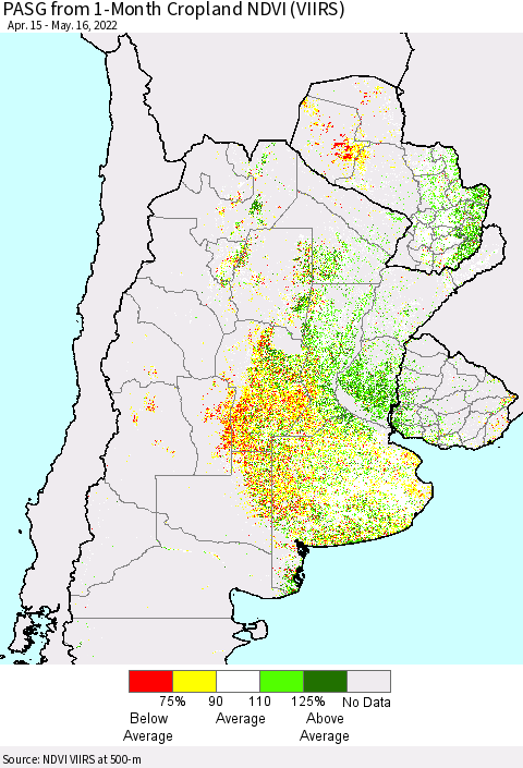 Southern South America PASG from 1-Month Cropland NDVI (VIIRS) Thematic Map For 5/9/2022 - 5/16/2022