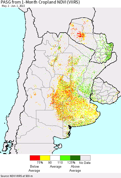Southern South America PASG from 1-Month Cropland NDVI (VIIRS) Thematic Map For 5/25/2022 - 6/1/2022