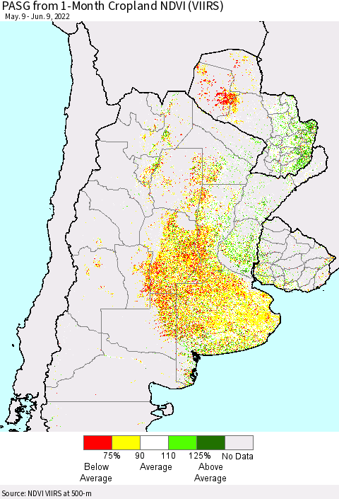 Southern South America PASG from 1-Month Cropland NDVI (VIIRS) Thematic Map For 6/2/2022 - 6/9/2022