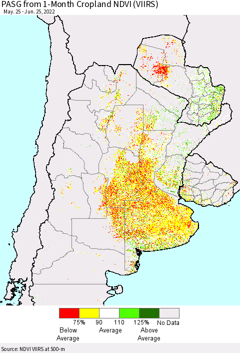 Southern South America PASG from 1-Month Cropland NDVI (VIIRS) Thematic Map For 6/18/2022 - 6/25/2022