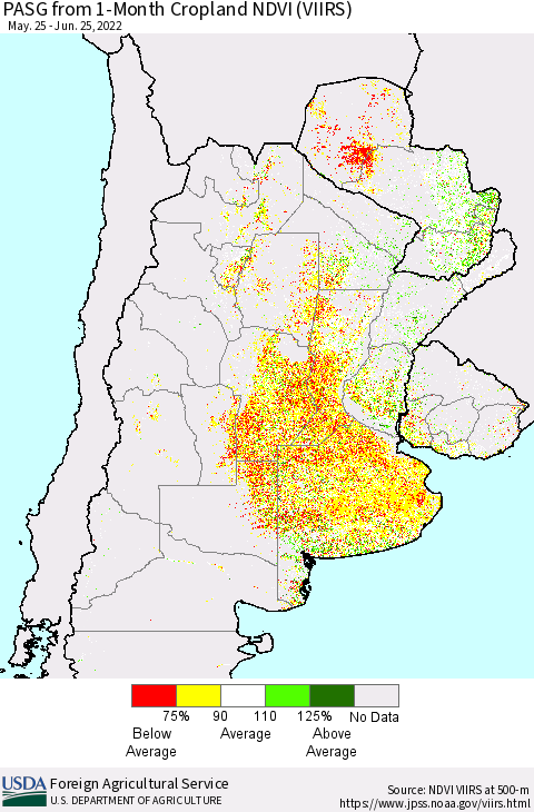 Southern South America PASG from 1-Month Cropland NDVI (VIIRS) Thematic Map For 6/21/2022 - 6/30/2022