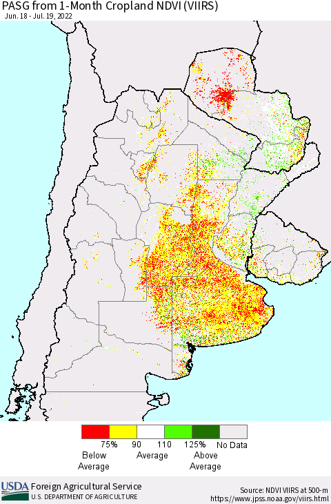 Southern South America PASG from 1-Month Cropland NDVI (VIIRS) Thematic Map For 7/11/2022 - 7/20/2022