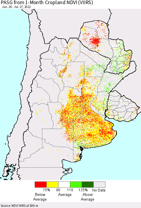 Southern South America PASG from 1-Month Cropland NDVI (VIIRS) Thematic Map For 7/20/2022 - 7/27/2022