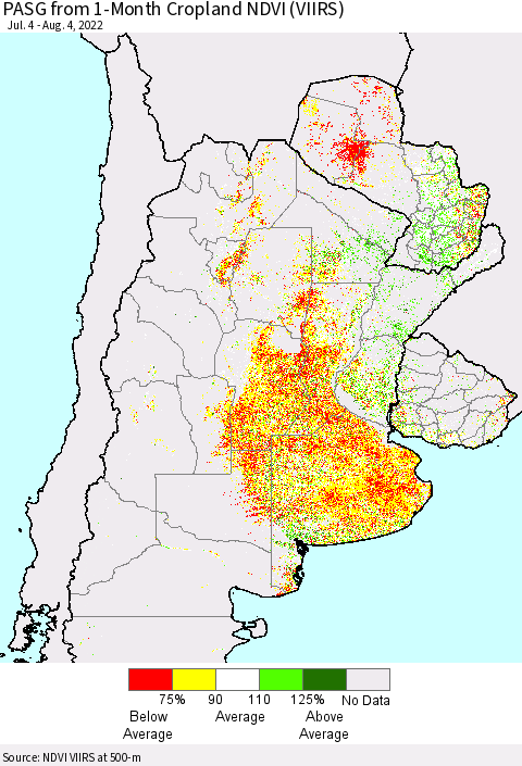 Southern South America PASG from 1-Month Cropland NDVI (VIIRS) Thematic Map For 7/28/2022 - 8/4/2022