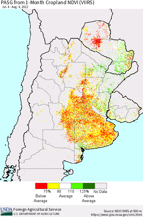 Southern South America PASG from 1-Month Cropland NDVI (VIIRS) Thematic Map For 8/1/2022 - 8/10/2022