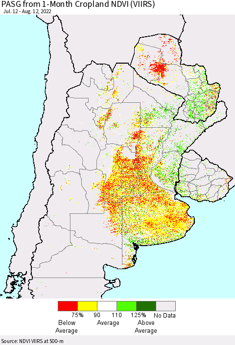 Southern South America PASG from 1-Month Cropland NDVI (VIIRS) Thematic Map For 8/5/2022 - 8/12/2022