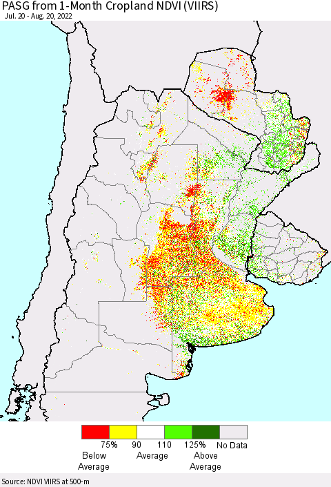 Southern South America PASG from 1-Month Cropland NDVI (VIIRS) Thematic Map For 8/11/2022 - 8/20/2022