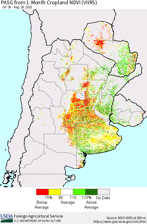 Southern South America PASG from 1-Month Cropland NDVI (VIIRS) Thematic Map For 8/21/2022 - 8/31/2022