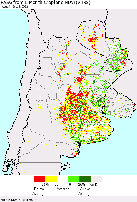 Southern South America PASG from 1-Month Cropland NDVI (VIIRS) Thematic Map For 8/29/2022 - 9/5/2022