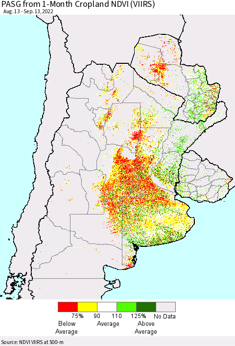 Southern South America PASG from 1-Month Cropland NDVI (VIIRS) Thematic Map For 9/6/2022 - 9/13/2022