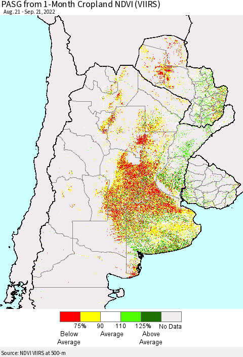 Southern South America PASG from 1-Month Cropland NDVI (VIIRS) Thematic Map For 9/14/2022 - 9/21/2022
