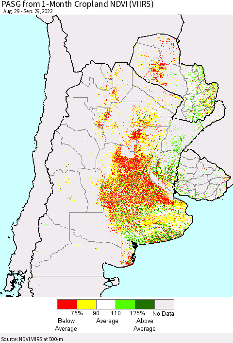Southern South America PASG from 1-Month Cropland NDVI (VIIRS) Thematic Map For 9/22/2022 - 9/29/2022