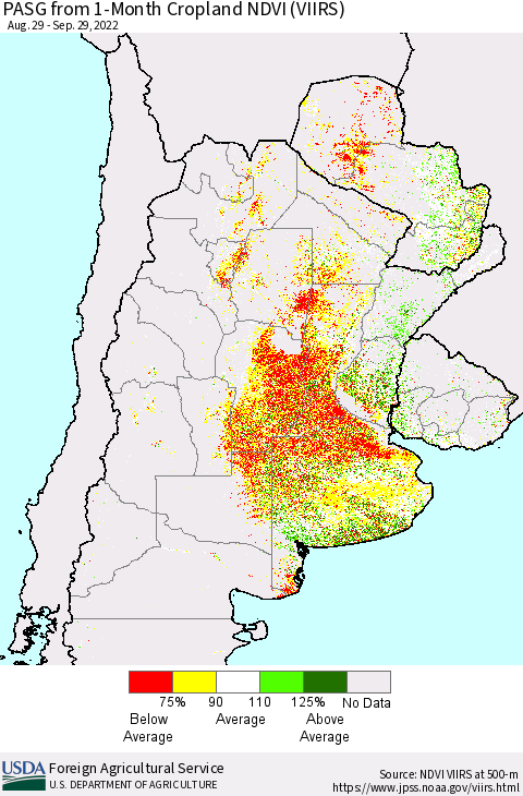 Southern South America PASG from 1-Month Cropland NDVI (VIIRS) Thematic Map For 9/21/2022 - 9/30/2022