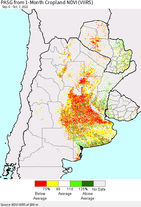 Southern South America PASG from 1-Month Cropland NDVI (VIIRS) Thematic Map For 9/30/2022 - 10/7/2022