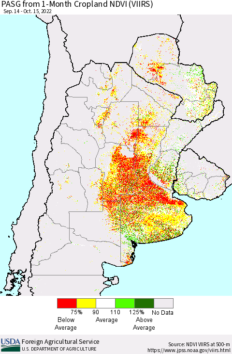 Southern South America PASG from 1-Month Cropland NDVI (VIIRS) Thematic Map For 10/11/2022 - 10/20/2022