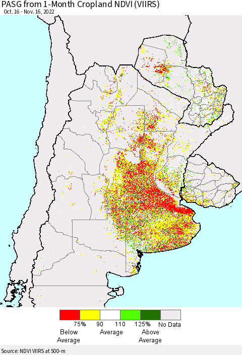 Southern South America PASG from 1-Month Cropland NDVI (VIIRS) Thematic Map For 11/9/2022 - 11/16/2022