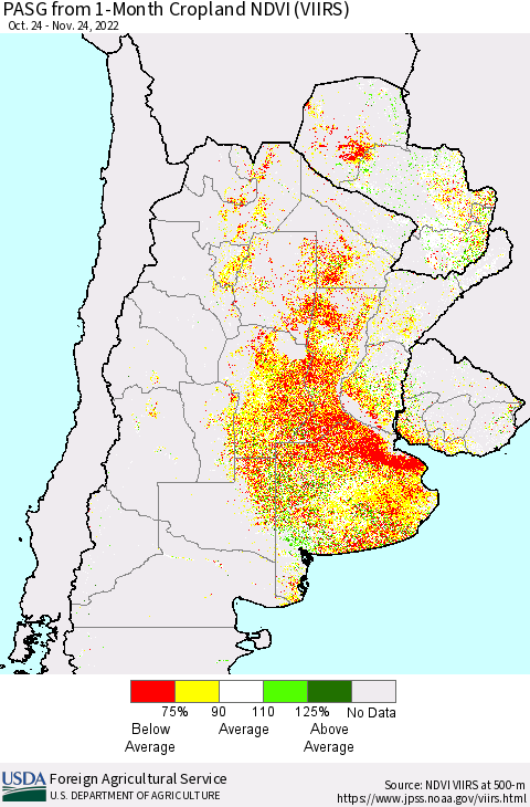 Southern South America PASG from 1-Month Cropland NDVI (VIIRS) Thematic Map For 11/21/2022 - 11/30/2022