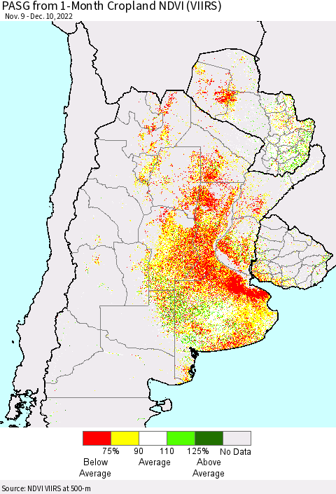 Southern South America PASG from 1-Month Cropland NDVI (VIIRS) Thematic Map For 12/3/2022 - 12/10/2022