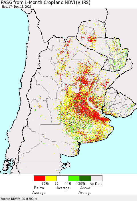 Southern South America PASG from 1-Month Cropland NDVI (VIIRS) Thematic Map For 12/11/2022 - 12/18/2022