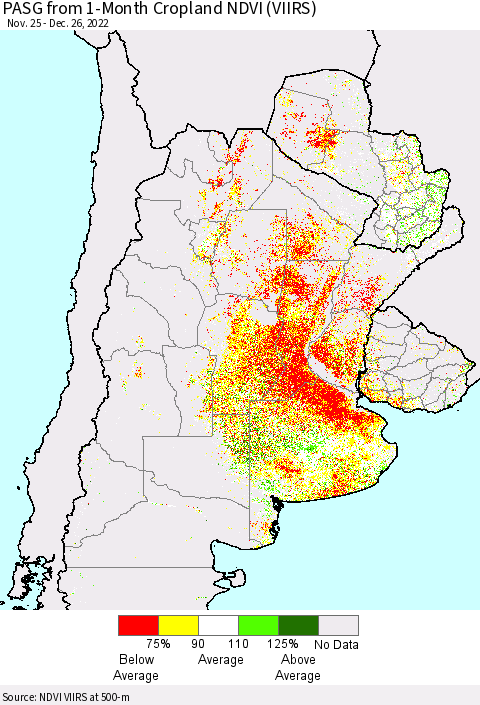 Southern South America PASG from 1-Month Cropland NDVI (VIIRS) Thematic Map For 12/19/2022 - 12/26/2022