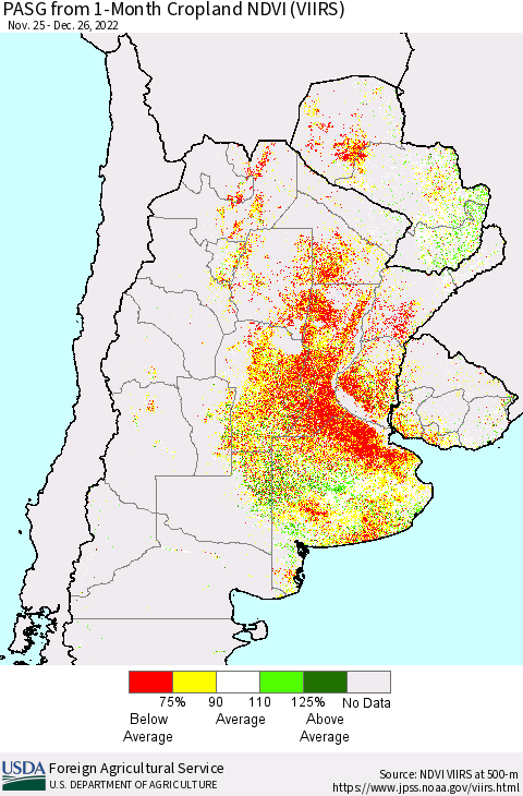 Southern South America PASG from 1-Month Cropland NDVI (VIIRS) Thematic Map For 12/21/2022 - 12/31/2022
