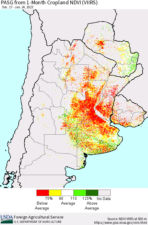 Southern South America PASG from 1-Month Cropland NDVI (VIIRS) Thematic Map For 1/21/2023 - 1/31/2023