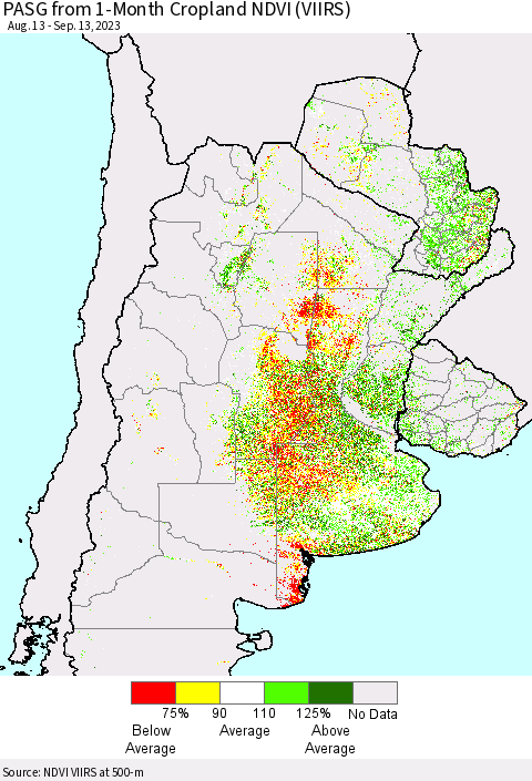 Southern South America PASG from 1-Month Cropland NDVI (VIIRS) Thematic Map For 9/6/2023 - 9/13/2023