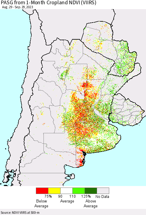 Southern South America PASG from 1-Month Cropland NDVI (VIIRS) Thematic Map For 9/22/2023 - 9/29/2023