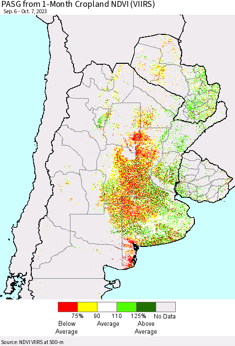 Southern South America PASG from 1-Month Cropland NDVI (VIIRS) Thematic Map For 9/30/2023 - 10/7/2023