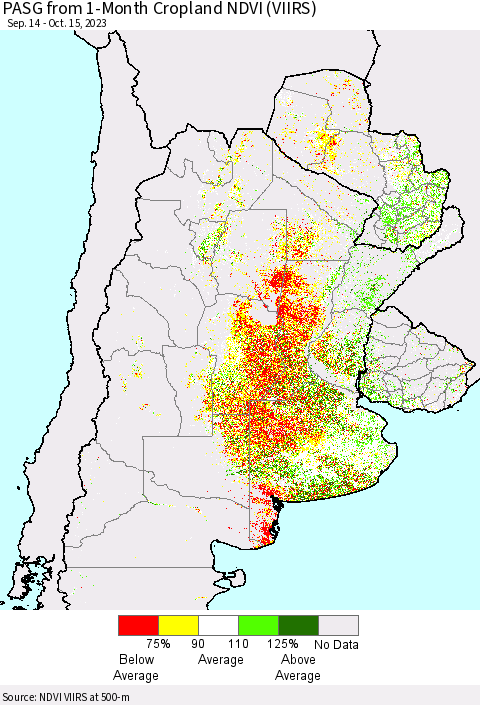 Southern South America PASG from 1-Month Cropland NDVI (VIIRS) Thematic Map For 10/8/2023 - 10/15/2023