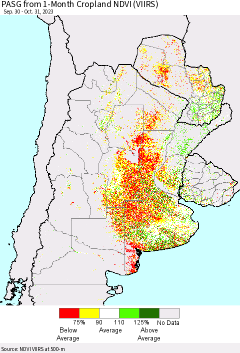 Southern South America PASG from 1-Month Cropland NDVI (VIIRS) Thematic Map For 10/24/2023 - 10/31/2023