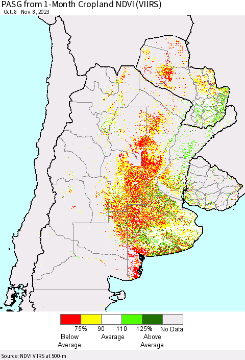 Southern South America PASG from 1-Month Cropland NDVI (VIIRS) Thematic Map For 11/1/2023 - 11/8/2023