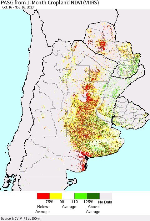 Southern South America PASG from 1-Month Cropland NDVI (VIIRS) Thematic Map For 11/9/2023 - 11/16/2023
