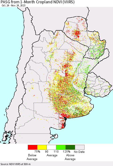 Southern South America PASG from 1-Month Cropland NDVI (VIIRS) Thematic Map For 11/17/2023 - 11/24/2023