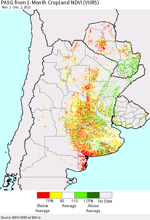 Southern South America PASG from 1-Month Cropland NDVI (VIIRS) Thematic Map For 11/25/2023 - 12/2/2023