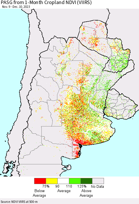 Southern South America PASG from 1-Month Cropland NDVI (VIIRS) Thematic Map For 12/3/2023 - 12/10/2023