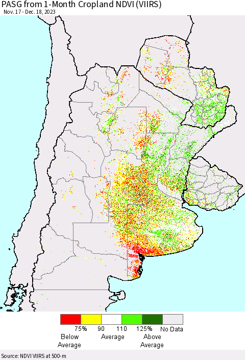Southern South America PASG from 1-Month Cropland NDVI (VIIRS) Thematic Map For 12/11/2023 - 12/18/2023