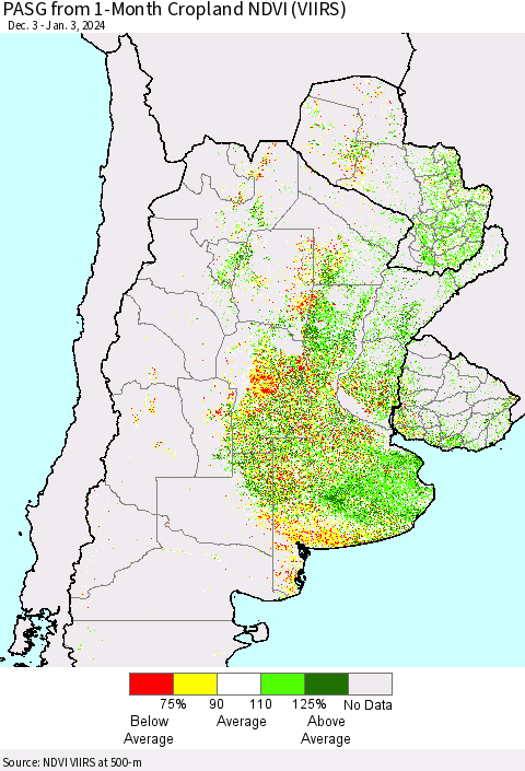 Southern South America PASG from 1-Month Cropland NDVI (VIIRS) Thematic Map For 12/27/2023 - 1/3/2024