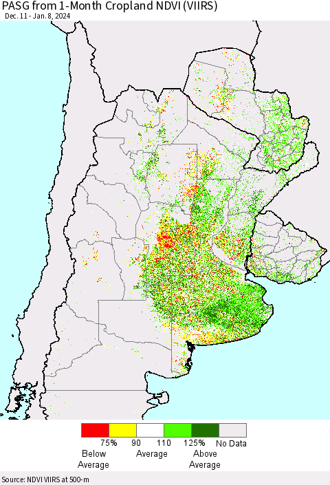 Southern South America PASG from 1-Month Cropland NDVI (VIIRS) Thematic Map For 1/1/2024 - 1/8/2024